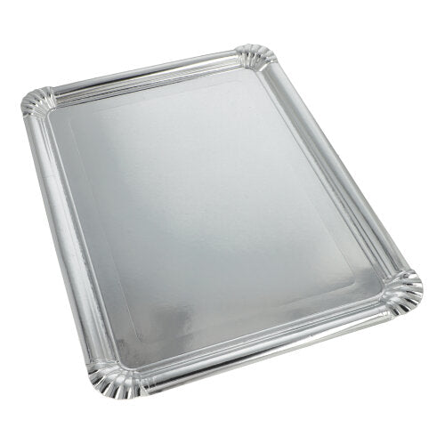 The Starpak 10 serving platters (34 x 45.5 cm, silver, rectangular, PET-coated) made of cardboard present stylish dishes; pack of 10 pieces, ideal for elegant occasions - pictured on a white background.