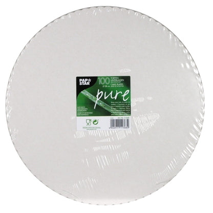 A transparent stack of round white cake boards wrapped in plastic with the inscription "PAPSTAR 100 cake boards, cardboard 'pure' round" from PAPSTAR GmbH – 100 pieces per package, ideal for gastronomy and known for their quality.