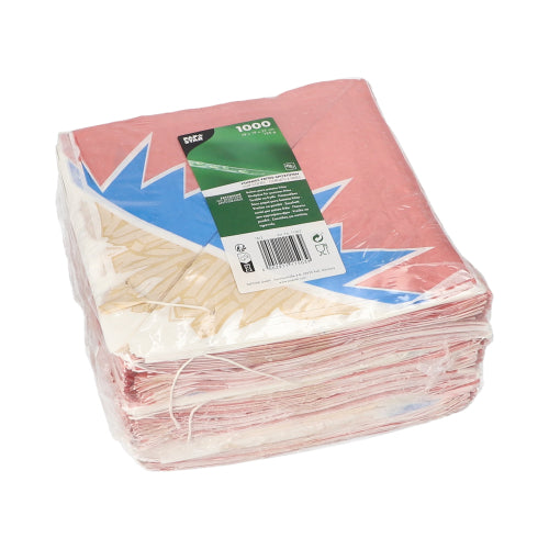 In a sealed plastic package from PAPSTAR GmbH, there are 1,000 "Zick-Zack" French fry cones made from parchment substitute with colorful design and a green product label on top.