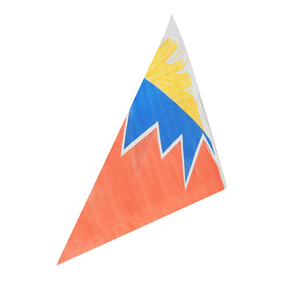 The PAPSTAR 1000 French fry cones "Zick-Zack" from PAPSTAR GmbH captivate with their triangular design featuring an orange base, blue and yellow zigzag lines, and a white sun cut – combining playful style with practical parchment substitute.