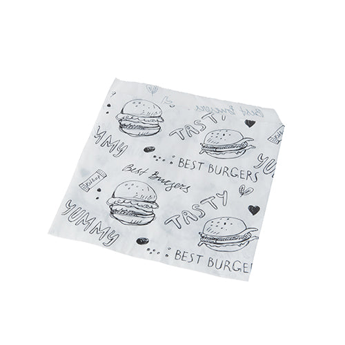 The PAPSTAR 1000 hamburger bags, parchment substitute, greaseproof from the PAPSTAR GmbH is designed in white with black burger sketches and playful words like "TASTY" - perfect to combine with matching burger bags or newsprint wraps.