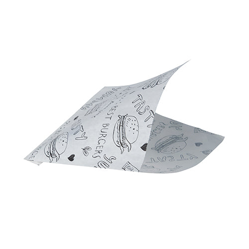 A PAPSTAR 1000 hamburger bag sheet (parchment substitute, greaseproof) from PAPSTAR GmbH, white like newspaper, shows black burger illustrations, "TASTY", hearts, and doodles, with two corners slightly raised as if folded or floating.