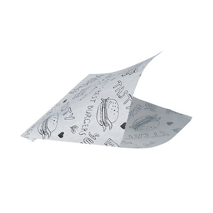 A PAPSTAR 1000 hamburger bag sheet (parchment substitute, greaseproof) from PAPSTAR GmbH, white like newspaper, shows black burger illustrations, "TASTY", hearts, and doodles, with two corners slightly raised as if folded or floating.