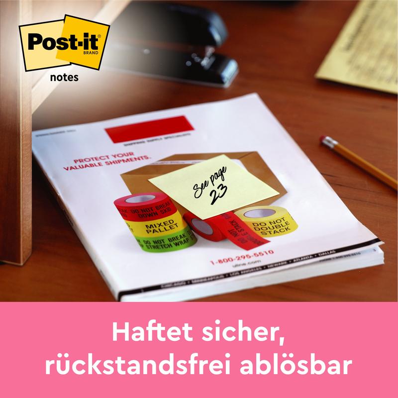 A 3M Post-it® note in yellow (76x76 mm, 100 sheets, 12 blocks/pack) with "See page 23" adheres securely to a document; ideal for quick notes and residue-free removal. Cardboard packaging, 100% PEFC certified.