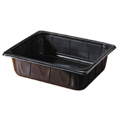 Die PP Schale 1/2 GN Schwarz PP 325x265 der Duni GmbH ist ein rechteckiges schwarzes Speisetablett mit erhöhtem Rand und flachem Boden, ideal für Catering oder Gastronomie, abgebildet auf weißem Hintergrund.