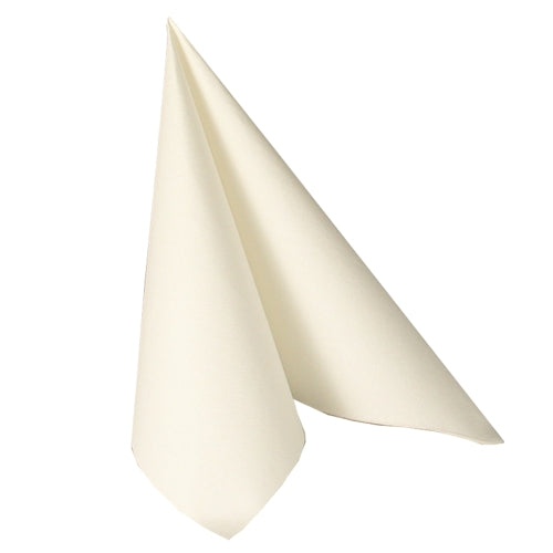 A single cream-colored PAPSTAR 50 napkins "ROYAL Collection" 1/4-fold napkin (48 x 48 cm) from PAPSTAR GmbH is folded upright in a triangular shape against a plain white background.