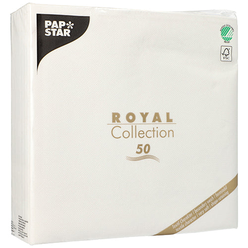 A pack of 50 white PAPSTAR napkins from the "ROYAL Collection" (1/4-fold, 48 x 48 cm) from PAPSTAR GmbH. The packaging presents gold-black text with certification logos in the upper corners.