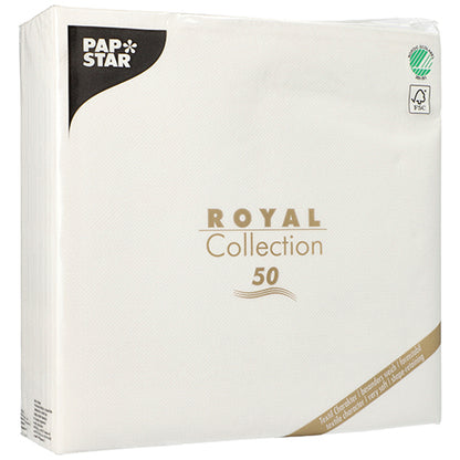 A pack of 50 white PAPSTAR napkins from the "ROYAL Collection" (1/4-fold, 48 x 48 cm) from PAPSTAR GmbH. The packaging presents gold-black text with certification logos in the upper corners.