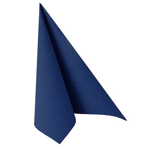 The napkin PAPSTAR 50 napkins "ROYAL Collection" 1/4-fold 40 x 40 cm dark blue from PAPSTAR GmbH is folded vertically into a triangle shape and stands on a white base.