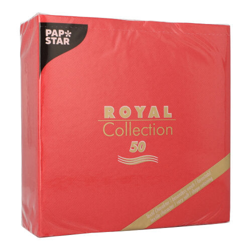 A red package of PAPSTAR 50 napkins "ROYAL Collection" 1/4-fold 40x40 cm red from PAPSTAR GmbH, with brand and collection details in gold and white on the front.