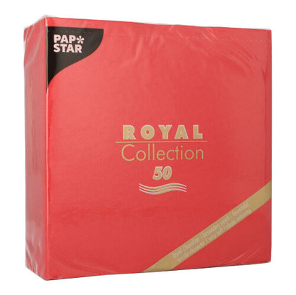 A red package of PAPSTAR 50 napkins "ROYAL Collection" 1/4-fold 40x40 cm red from PAPSTAR GmbH, with brand and collection details in gold and white on the front.