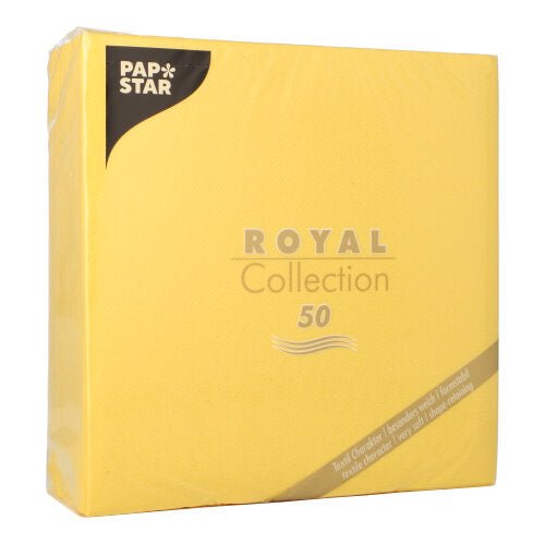A yellow package from PAPSTAR GmbH with the inscription "50 napkins ROYAL Collection 1/4-fold 40 x 40 cm yellow" contains 50 napkins with gold and black accents and text in the lower corner.