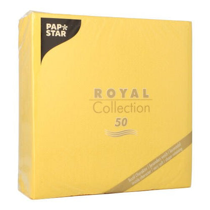 A yellow package from PAPSTAR GmbH with the inscription "50 napkins ROYAL Collection 1/4-fold 40 x 40 cm yellow" contains 50 napkins with gold and black accents and text in the lower corner.