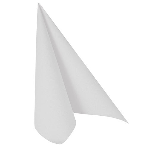 A single white PAPSTAR GmbH 50 napkins "ROYAL Collection" 1/4-fold napkin (40 x 40 cm) is folded upright in a simple triangular shape on a plain white background, adding elegance to any set table.