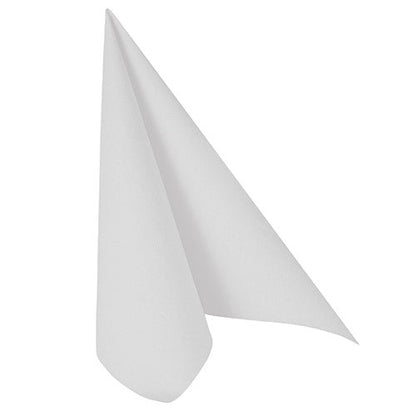 A single white PAPSTAR GmbH 50 napkins "ROYAL Collection" 1/4-fold napkin (40 x 40 cm) is folded upright in a simple triangular shape on a plain white background, adding elegance to any set table.