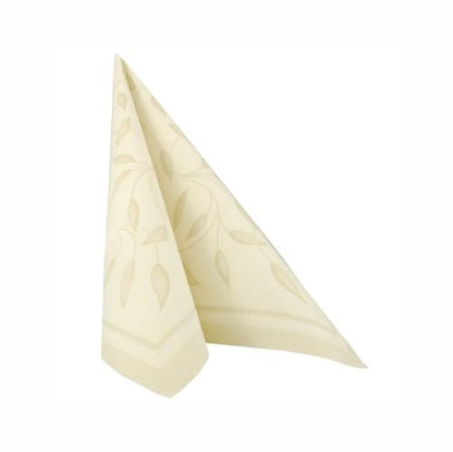 A folded PAPSTAR 50 napkins "ROYAL Collection" 1/4-fold 40 x 40 cm in champagne from PAPSTAR GmbH stands upright against a plain white background.