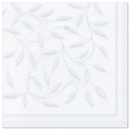 The napkins from PAPSTAR GmbH ROYAL Collection are white, 40 x 40 cm, with a subtle, embossed leaf and tendril pattern in light gray and a double-line border. The package contains 50 napkins that are folded into quarters.