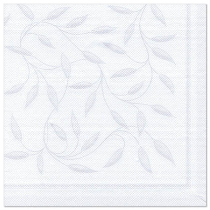 The napkins from PAPSTAR GmbH ROYAL Collection are white, 40 x 40 cm, with a subtle, embossed leaf and tendril pattern in light gray and a double-line border. The package contains 50 napkins that are folded into quarters.