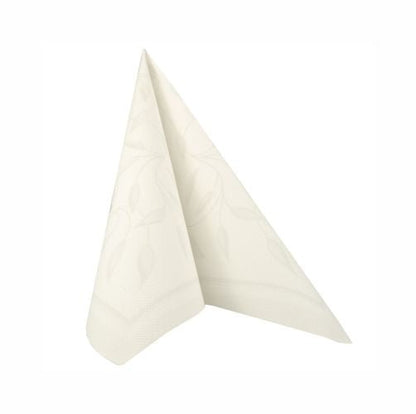 A folded PAPSTAR GmbH 50 napkins "ROYAL Collection" 1/4-fold 40 x 40 cm white napkin stands upright in a triangular shape against a plain white background, which features a subtle leaf pattern.