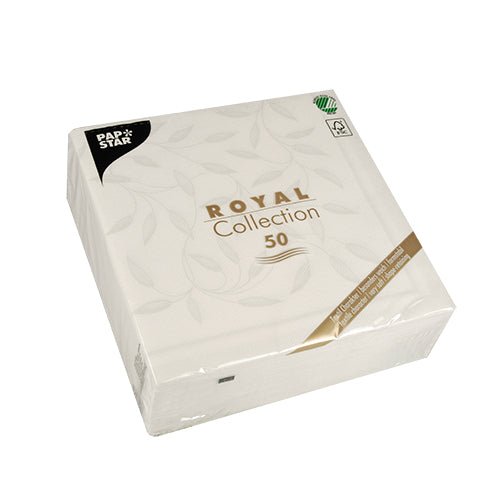 A sealed package with 50 white PAPSTAR "ROYAL Collection" napkins (40 x 40 cm, 1/4-fold) from PAPSTAR GmbH. The mostly white packaging is adorned with golden and black text as well as a green certification logo in the upper right corner.