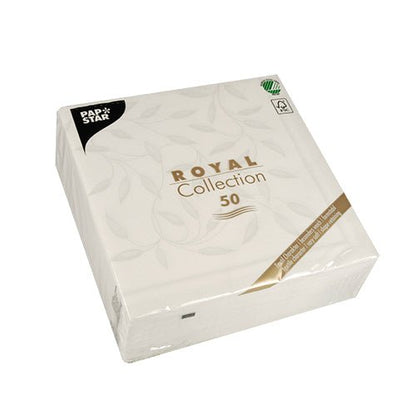 A sealed package with 50 white PAPSTAR "ROYAL Collection" napkins (40 x 40 cm, 1/4-fold) from PAPSTAR GmbH. The mostly white packaging is adorned with golden and black text as well as a green certification logo in the upper right corner.