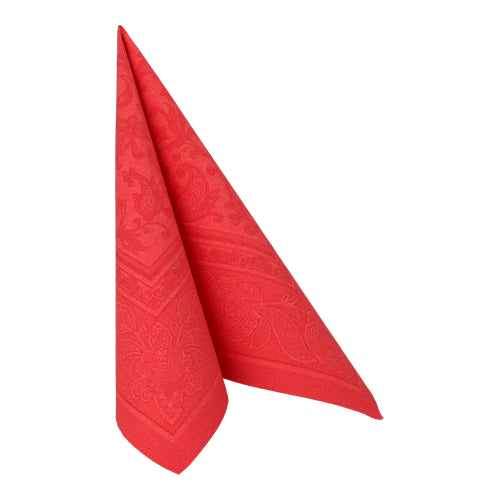 The red napkin PAPSTAR 50 napkins "ROYAL Collection" 40 x 40 cm from PAPSTAR GmbH is folded upright into a pointed, triangular shape against a white background.