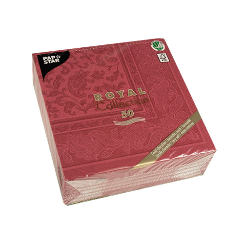 A pack of 50 burgundy napkins, PAPSTAR 50 Napkins "ROYAL Collection" 1/4-fold (40x40 cm) by PAPSTAR GmbH, comes in a transparent plastic packaging with front labels and decorative patterns.