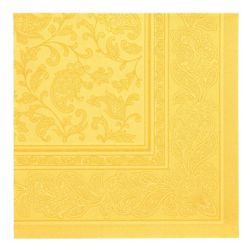 A yellow PAPSTAR GmbH 50 "ROYAL Collection" napkin (1/4-fold, 40 x 40 cm) with paisley and floral embossing is depicted folded from above.