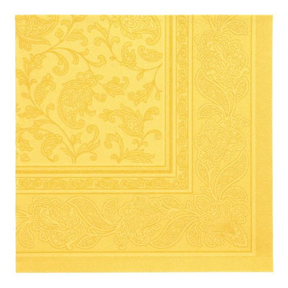 A yellow PAPSTAR GmbH 50 "ROYAL Collection" napkin (1/4-fold, 40 x 40 cm) with paisley and floral embossing is depicted folded from above.