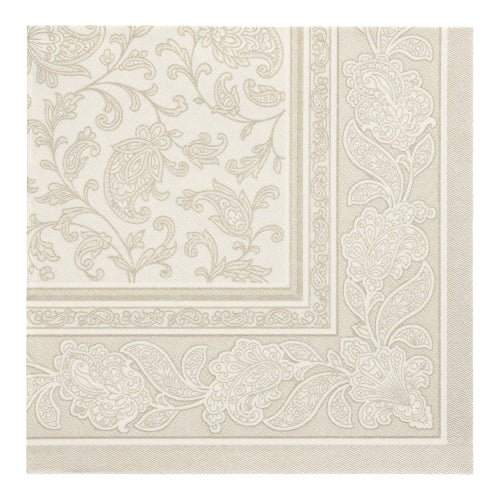 The square napkin PAPSTAR 50 napkins "ROYAL Collection" (40 x 40 cm, champagne) from PAPSTAR GmbH features an elegant paisley and floral border with a light center and detailed design.