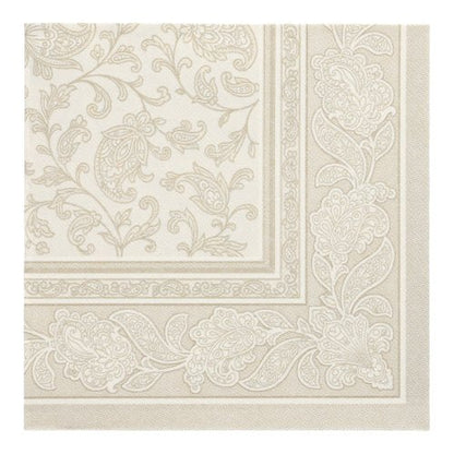 The square napkin PAPSTAR 50 napkins "ROYAL Collection" (40 x 40 cm, champagne) from PAPSTAR GmbH features an elegant paisley and floral border with a light center and detailed design.