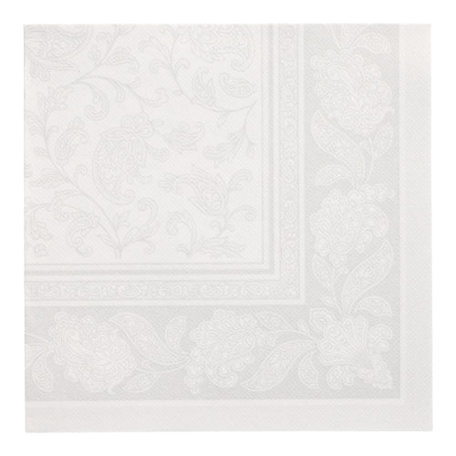 PAPSTAR 50 napkins "ROYAL Collection" 1/4-fold, 40 x 40 cm, white paper napkins from PAPSTAR GmbH with embossed floral and paisley pattern on the edge and in the middle for a delicate, textured look.