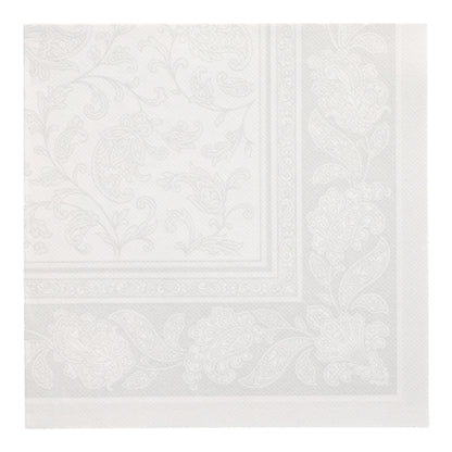 PAPSTAR 50 napkins "ROYAL Collection" 1/4-fold, 40 x 40 cm, white paper napkins from PAPSTAR GmbH with embossed floral and paisley pattern on the edge and in the middle for a delicate, textured look.