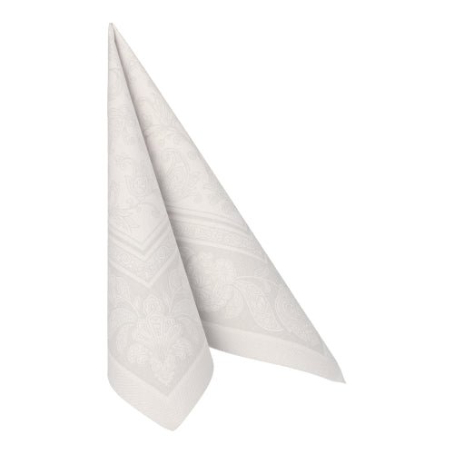 A single white napkin from the PAPSTAR 50 napkins "ROYAL Collection" (1/4-fold, 40 x 40 cm) from PAPSTAR GmbH is folded into a standing triangle with a subtle pattern, shown against a plain white background.