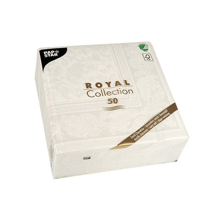 A white, square package with the inscription "PAPSTAR 50 napkins ROYAL Collection" is adorned with a subtle floral pattern and contains 50 white napkins (1/4-fold, 40x40 cm). A small black label from PAPSTAR GmbH is visible in white lettering at the top left.