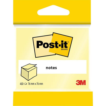 A single package of Post-it® Notes cube from 3M Deutschland GmbH contains 450 yellow sheets (76 x 76 mm), made from 100% PEFC-certified paper (SGSCH-PEFC-COC-110078). The label on the front shows the Post-it logo and the graphic of the notepad.