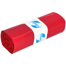 Ein gerolltes Bündel roter EMIL DEISS KG 11702 Müllsäcke (Typ 100, 575x1000 mm, 25 Stück) mit einem weißen "Premium"-Etikett in blauer Schrift; ideal für Werkstatt Baustelle. Das Produkt ist auf einem einfarbigen, hellen Hintergrund abgebildet.