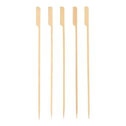Five PAPSTAR grill skewers "pure" made of wood (25 cm) from PAPSTAR GmbH with a flat, beveled head and pointed tip lying side by side on a white background. Ideal for BBQ and grill parties, available in a cardboard tray (150 pieces).