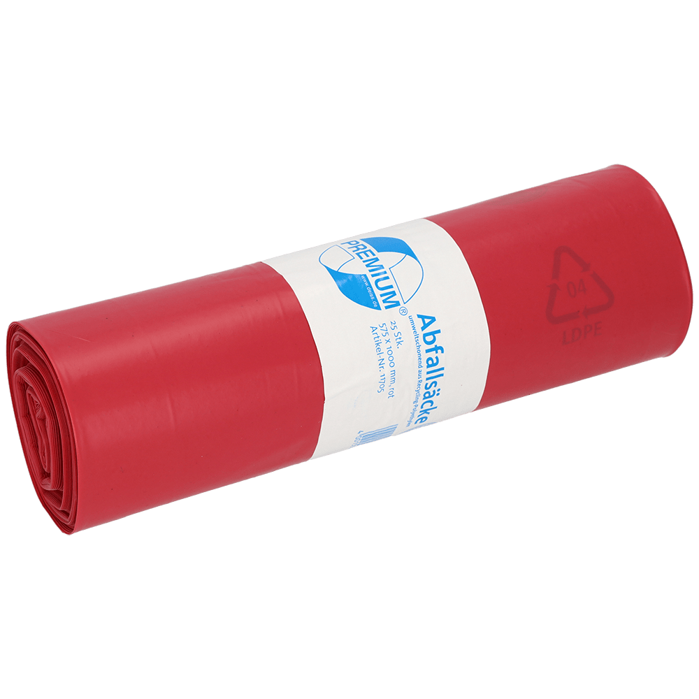 A roll of red plastic garbage bags from EMIL DEISS KG (GmbH + Co.), DEISS 11705 - 575x1000 mm Type 60, is equipped with a white-blue label with text, recycling information, and the product name; contains 25 bags per roll.