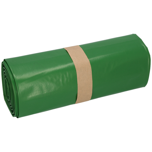 Eine fest verpackte Rolle DEISS Premium Müllsäcke (700x1100x0,1 mm, 120 Liter, grün, 25 Stück) der EMIL DEISS KG (GmbH + Co.) ist mit einer braunen Papierbanderole gesichert, ideal für die Abfallentsorgung, auf weißem Untergrund liegend.