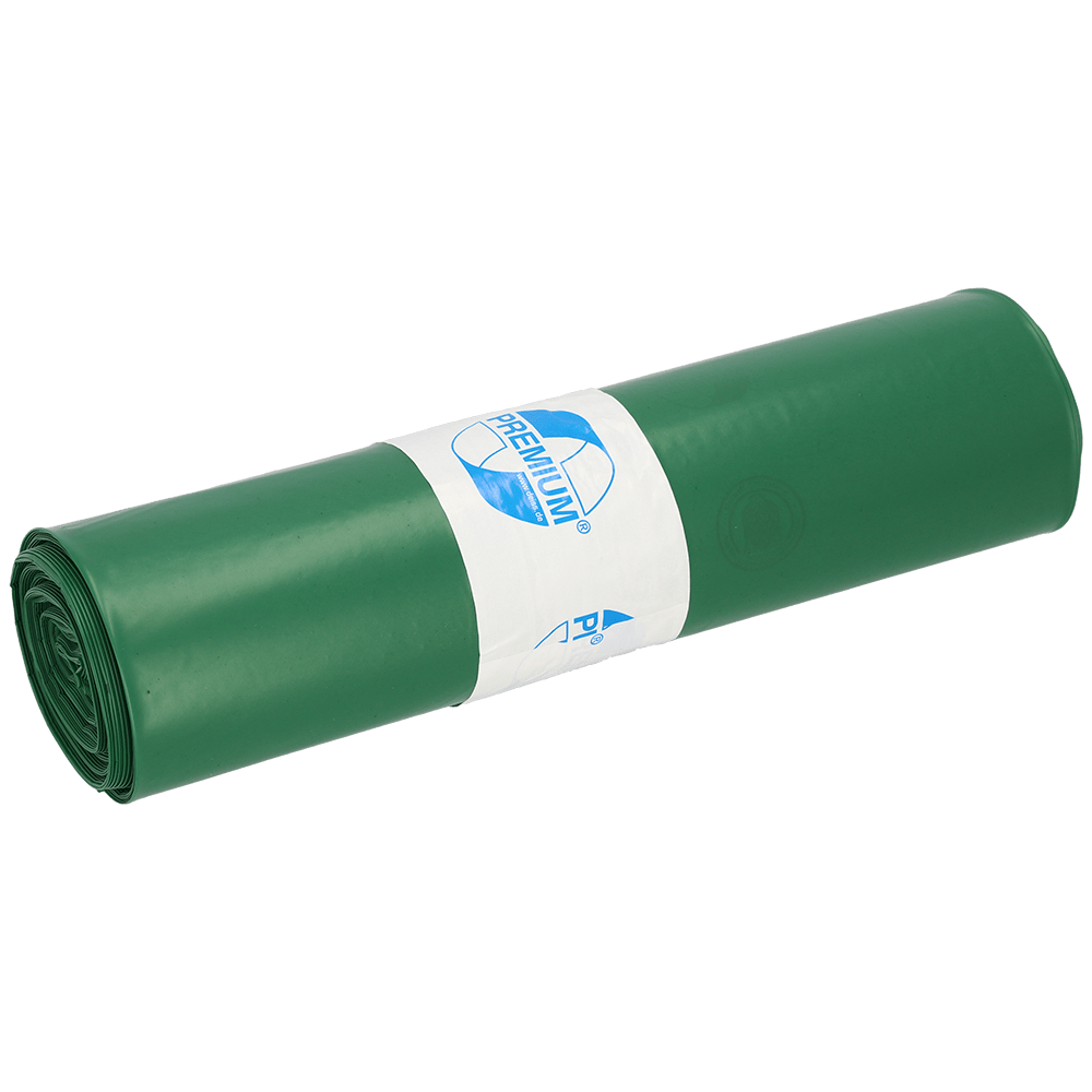 A tightly rolled bundle of green garbage bags (25 pieces per roll) from EMIL DEISS KG (GmbH + Co.) DEISS 12004 - 700x1100x0.07 mm is wrapped with a white label with blue text and logo, depicted on a white background.