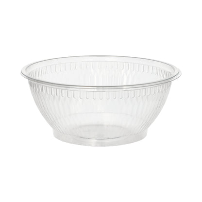 Die Starpak 50 Salatschalen, R-PET rund glasklar von Starpak sind eine durchsichtige Salatschüssel aus Kunststoff mit breitem Rand und strukturierten vertikalen Seiten, hergestellt aus umweltfreundlichem R-PET, abgebildet auf einem schlichten weißen Hintergrund.