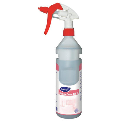 The Room Care R5.1 Plus spray bottle, empty from Diversey Deutschland GmbH & Co. OHG, features a transparent bottle with a red and white nozzle, labeled as an efficient cleaning spray solution.