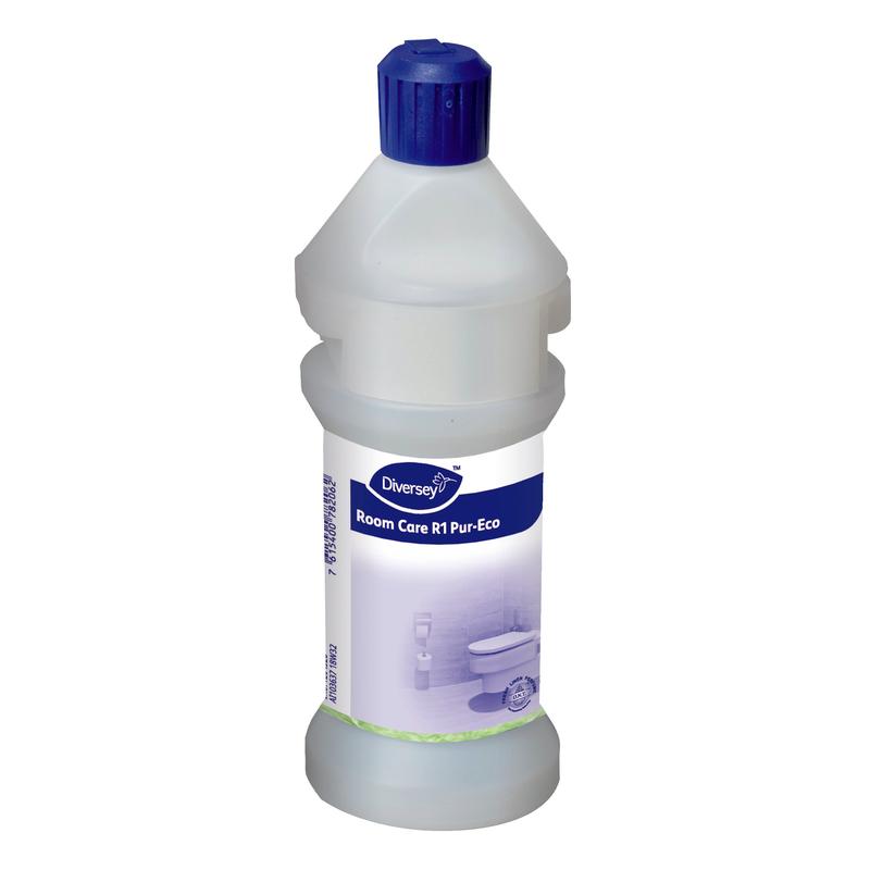 A Room Care R1 Plus bottle, empty, made of plastic from Diversey Deutschland GmbH & Co. OHG has a blue cap and a blue-white label with a bathroom illustration and product information.