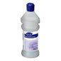 A Room Care R1 Plus bottle, empty, made of plastic from Diversey Deutschland GmbH & Co. OHG has a blue cap and a blue-white label with a bathroom illustration and product information.