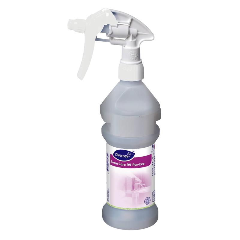 The Room Care R9 Plus Pur-Eco spray bottle, empty from Diversey Deutschland GmbH & Co. OHG, is equipped with a white trigger and a purple-white label with cleanliness pictograms – ideal for environmentally friendly cleaning.