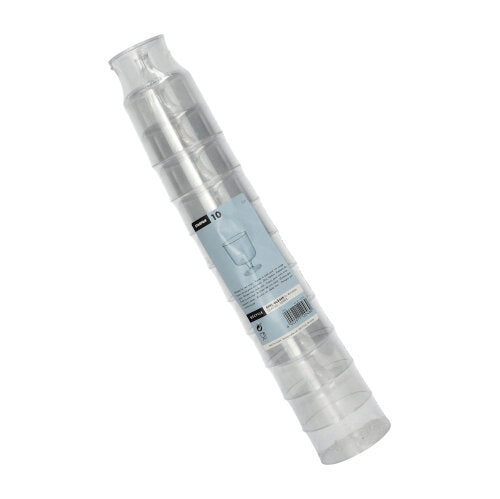 A stack of ten Starpak 0.2l stem glasses for red wine made of crystal-clear polystyrene (individual, Ø7.2cm, 10cm high) is packaged in shrink wrap with blue and white product labeling and a wine glass illustration.