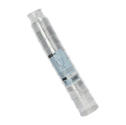 A stack of ten Starpak 0.2l stem glasses for red wine made of crystal-clear polystyrene (individual, Ø7.2cm, 10cm high) is packaged in shrink wrap with blue and white product labeling and a wine glass illustration.