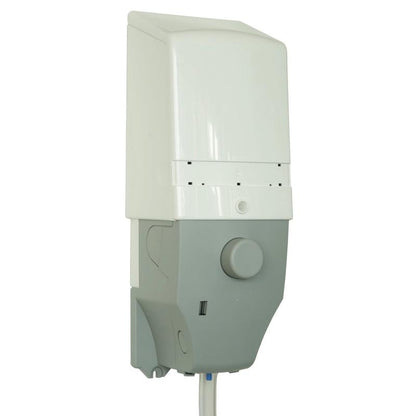 A vertical outlet box for outdoor use in white and gray from the DQFM system (intermediate box for high concentrates) by Diversey Deutschland GmbH & Co. OHG features a rounded lower button and a cable protruding from the base.