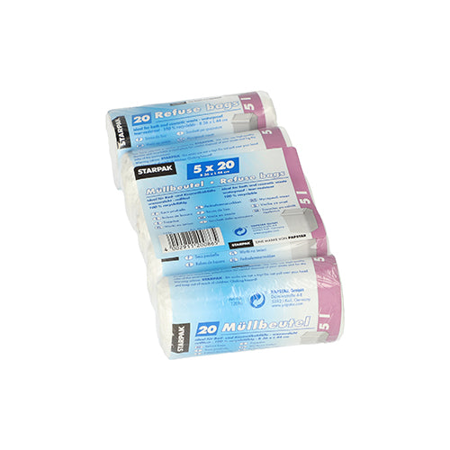 Four rolls of Starpak 100 cosmetic trash bags LDPE 5 l (44x36 cm, white) are stacked, each roll contains 25 bags. Blue and violet labels show product and application information. The bags are made of LDPE film for cosmetic waste. Brand: Starpak.